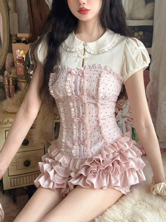 “Pinched Waist” French Girl Polka Dot Slim-Fit Chiffon Bustier Top T2324