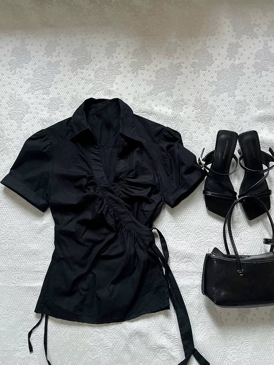 Chic Elegant Black Pleated Top for Women – French-Style Distinctive Summer Short-Sleeve Shirt