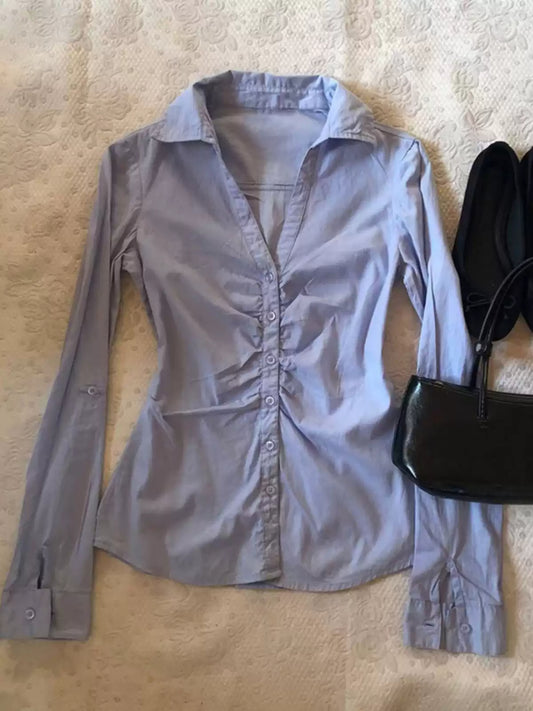 retro blue V-neck long-sleeved shirt