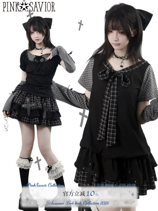 Pinksavior 【Early Chapter】 Lace-Up Short-Sleeve Polka Dot Dress with Plaid Paneling, Flattering Fit