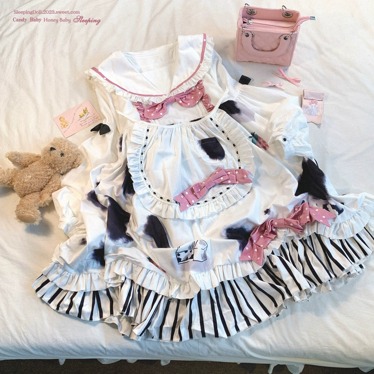 Last-chance HCLL Navy Peter Pan Collar Cute Polka Dot Bow Appliqué Cow Pattern Bib Apron Patchwork Striped Lolita Dress