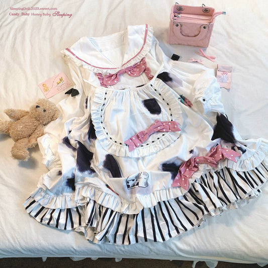 Last-chance HCLL Navy Peter Pan Collar Cute Polka Dot Bow Appliqué Cow Pattern Bib Apron Patchwork Striped Lolita Dress
