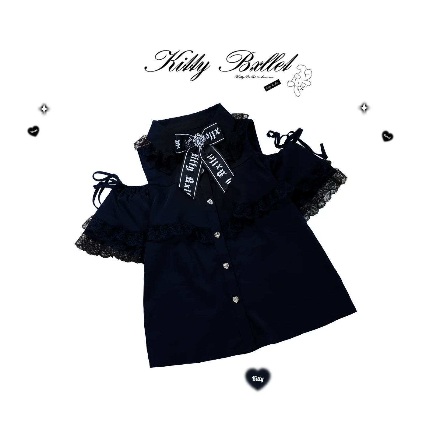 KittyBxllet Original “Heart Gem” Satin Ribbon Lace-Trim Off-Shoulder Tie Blouse