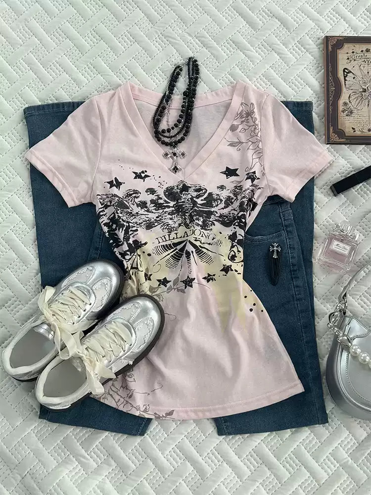 Pink Print V-Neck Top