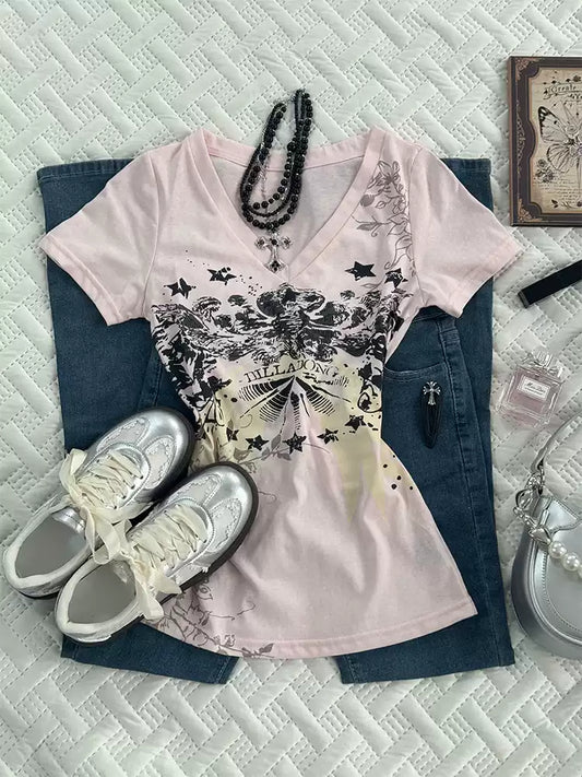 Pink Print V-Neck Top