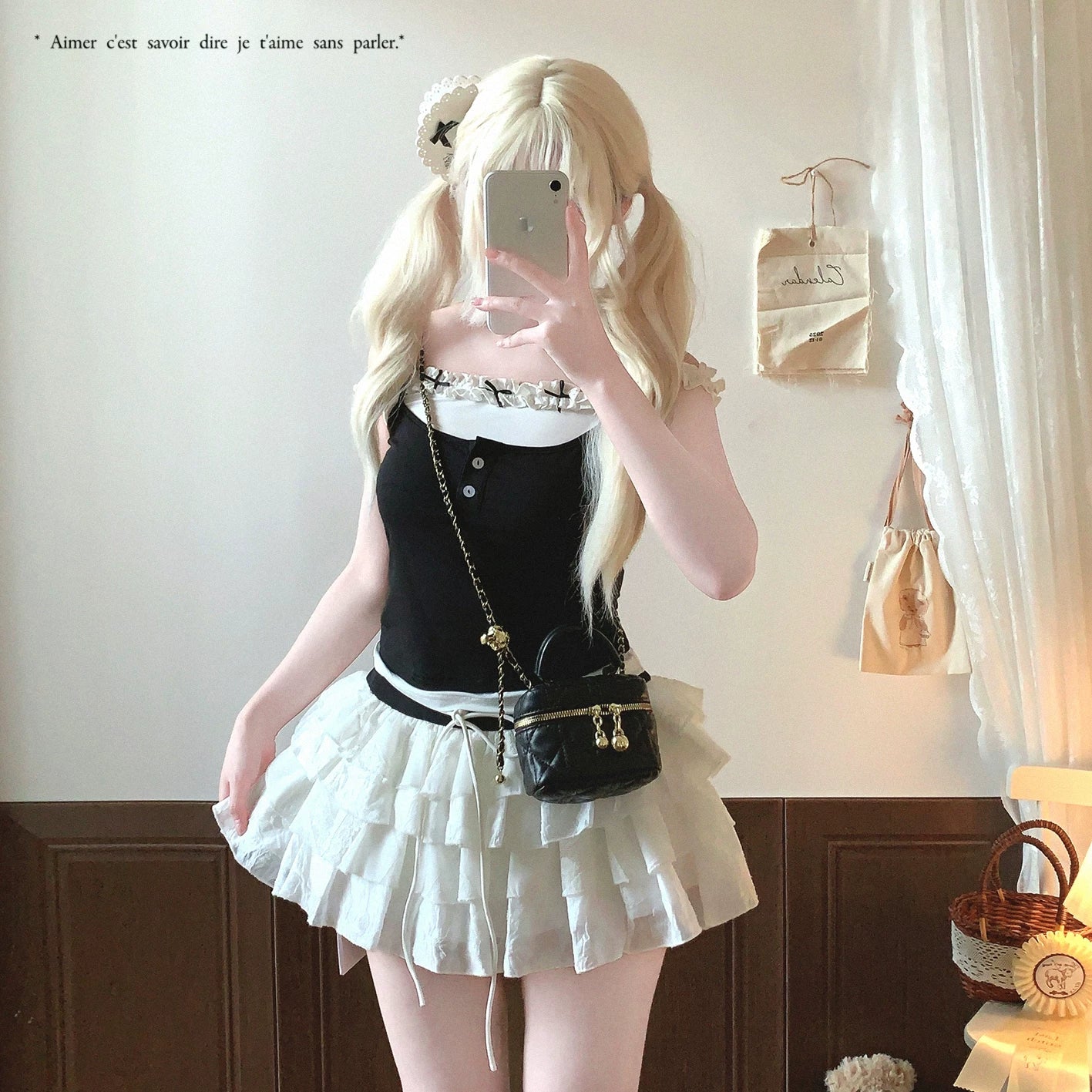 Last-Stock SK Contrast-Band High-Waist Hollow Lace Patchwork Layered Cake Midi Skirt