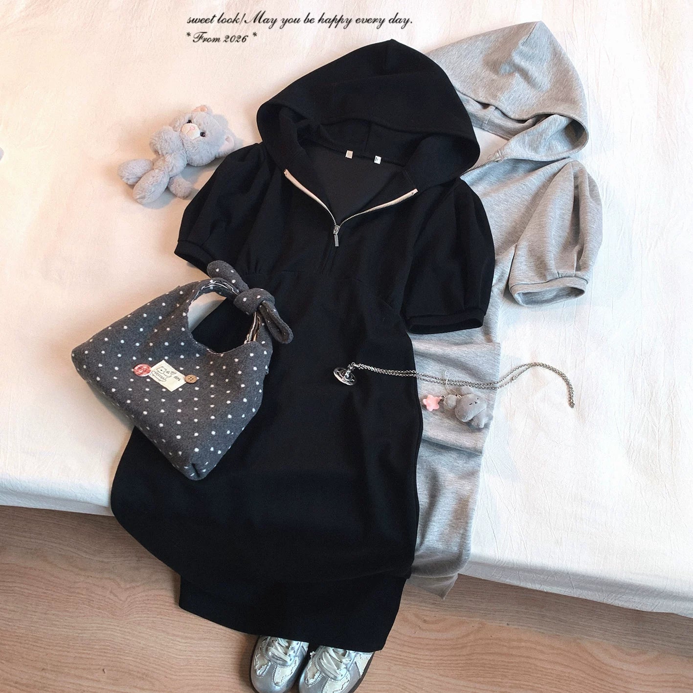 Last-Stock GR* Solid Color Minimalist Hooded Sweatshirt Dress, Casual Everyday, Versatile Zip-Front Dress