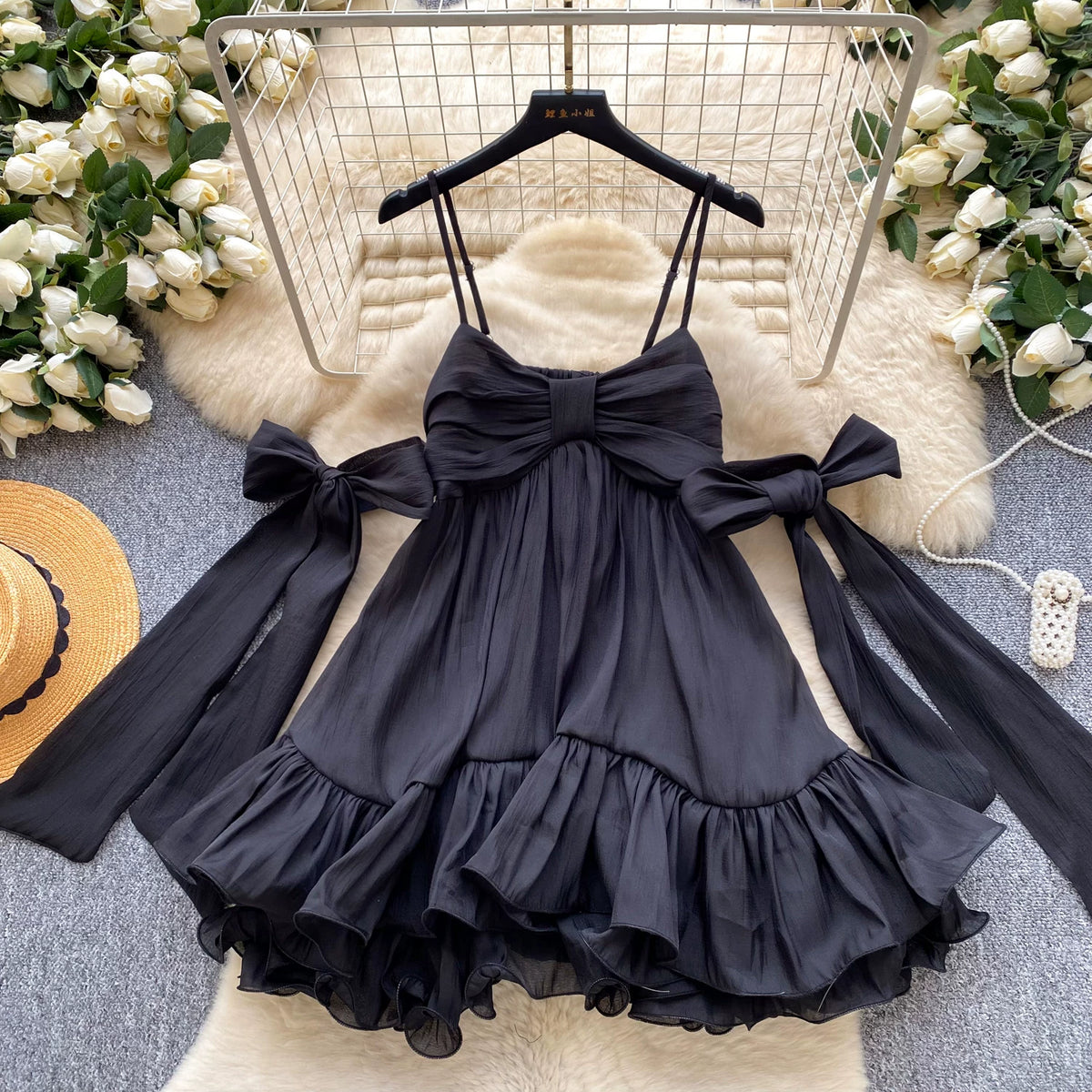 Bow Tie Ruffle Dress | French Girl A-Line Spaghetti Strap Dress for Women