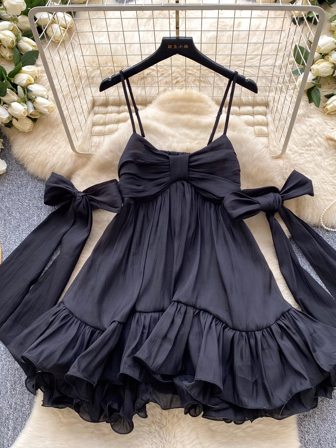 Bow Tie Ruffle Dress | French Girl A-Line Spaghetti Strap Dress for Women