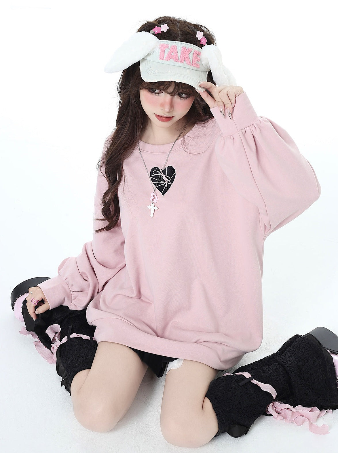 Back racing up ribbon oversized sweatshirt