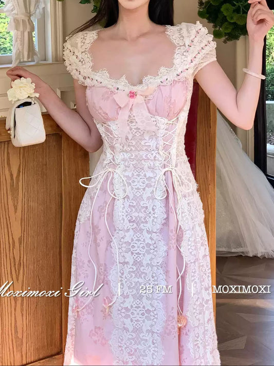 French Bow Ribbon Lace Princess Dress