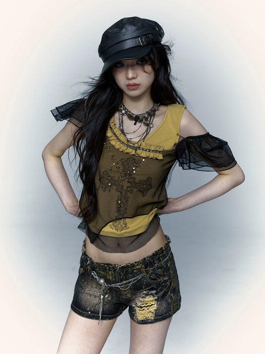 Design-Forward Rock & Light-Punk Asymmetric Paneled Tulle Rhinestone Print Short-Sleeve T-Shirt