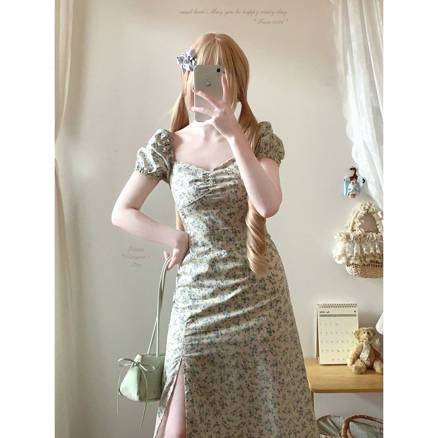 Last-Call Stock: Soft Fabric YGBy French Square Neck Floral Dress—Gentle, Elegant &amp; Vintage Puff Sleeves*