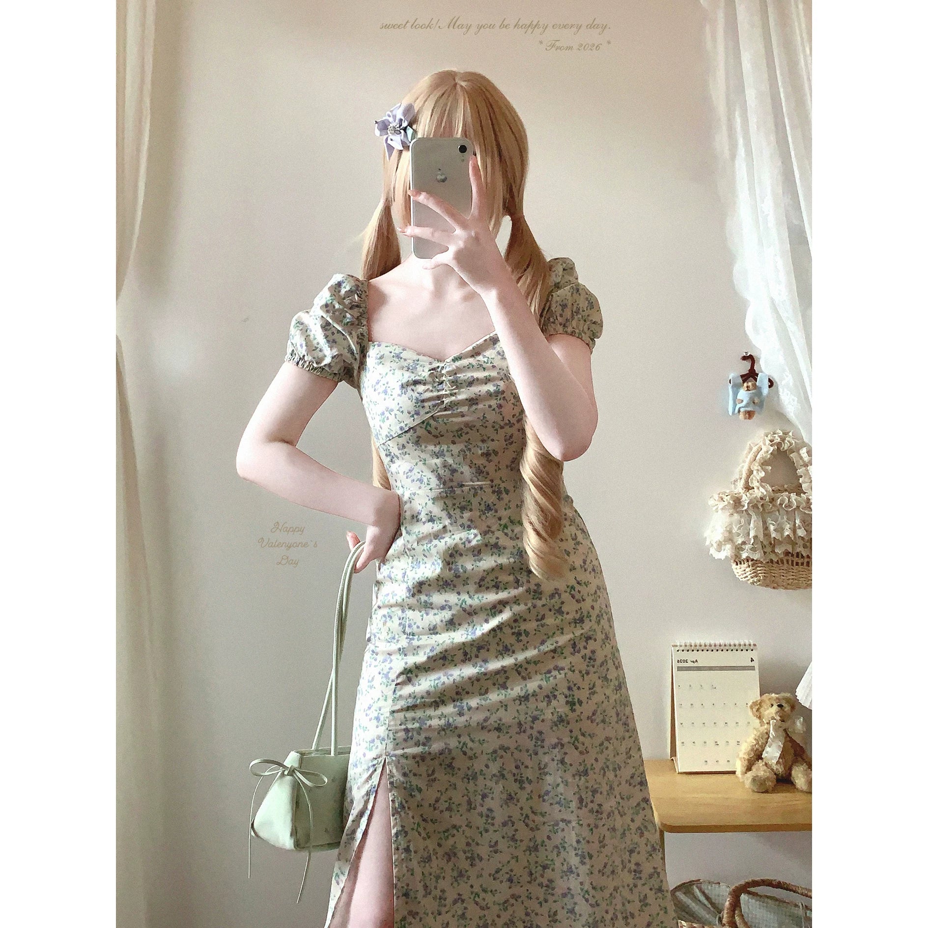 Last-Call Stock: Soft Fabric YGBy French Square Neck Floral Dress—Gentle, Elegant &amp; Vintage Puff Sleeves*