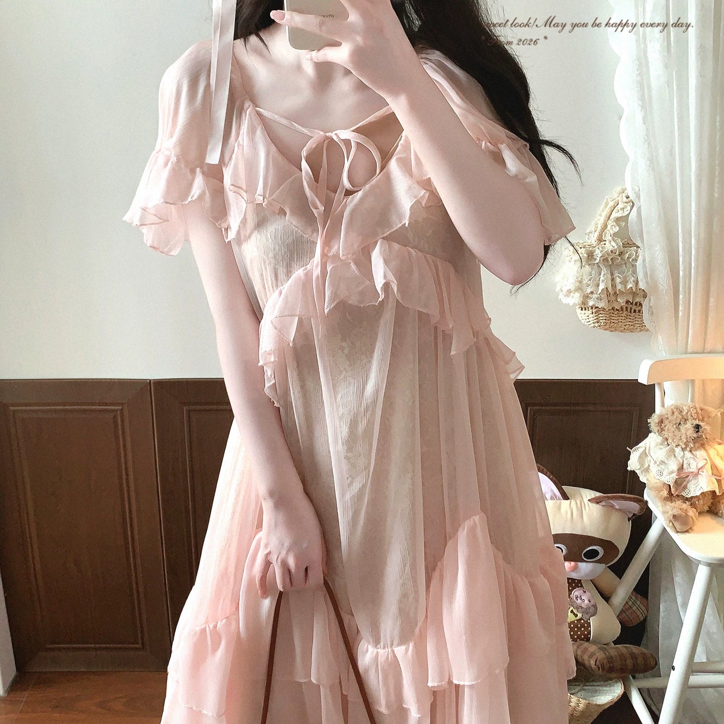 End-of-Season Item Blush Pink Romantic French-Style Ruffle Tie-Front Embellished Soft Lace Dress