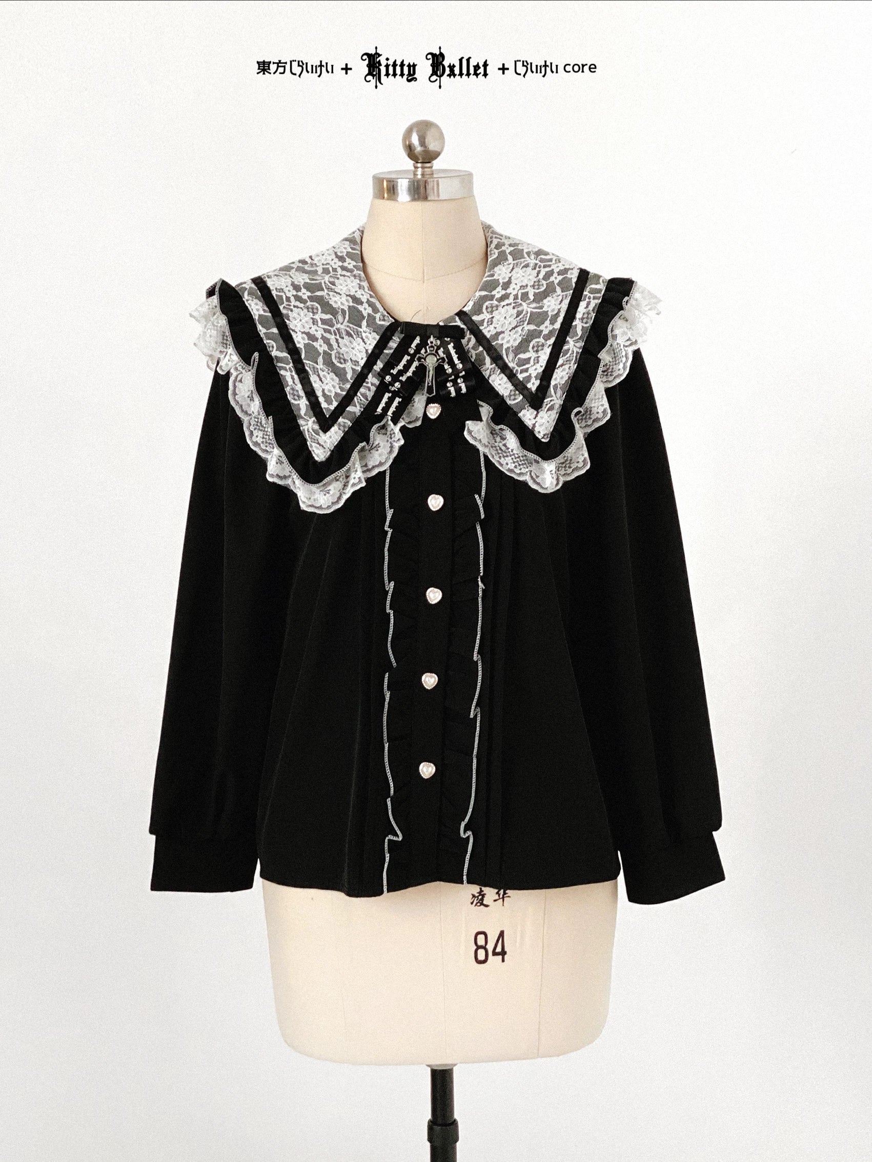 KittyBxllet Original “Lace Revolution” Tie-Strap Off-Shoulder Chiffon Top with Lace Ruffle Hem Long Sleeves