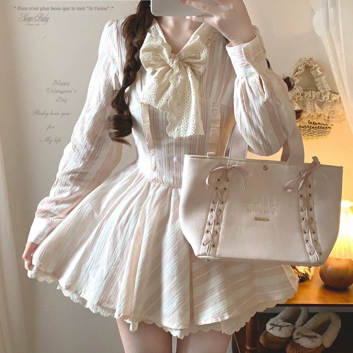 Final-stock Pure-Desire Style Sweet Vintage Lace Tie Bow Striped Patchwork Ruffle-Trim Dress