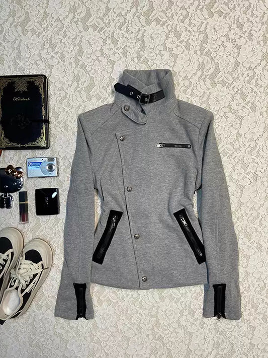 gray stand-up collar jacket