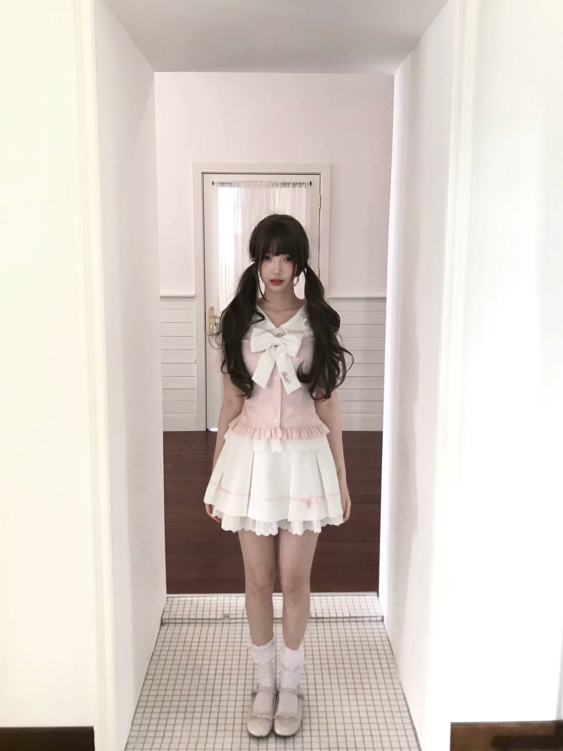 La La Sauce Sakura White Chocolate Japanese College Style Sweet Girl Short-Sleeve Shirt Fitted Top + Skirt Set
