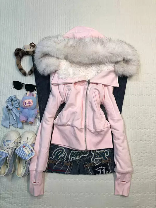 Pink hooded fur collar sweatshirt jacket