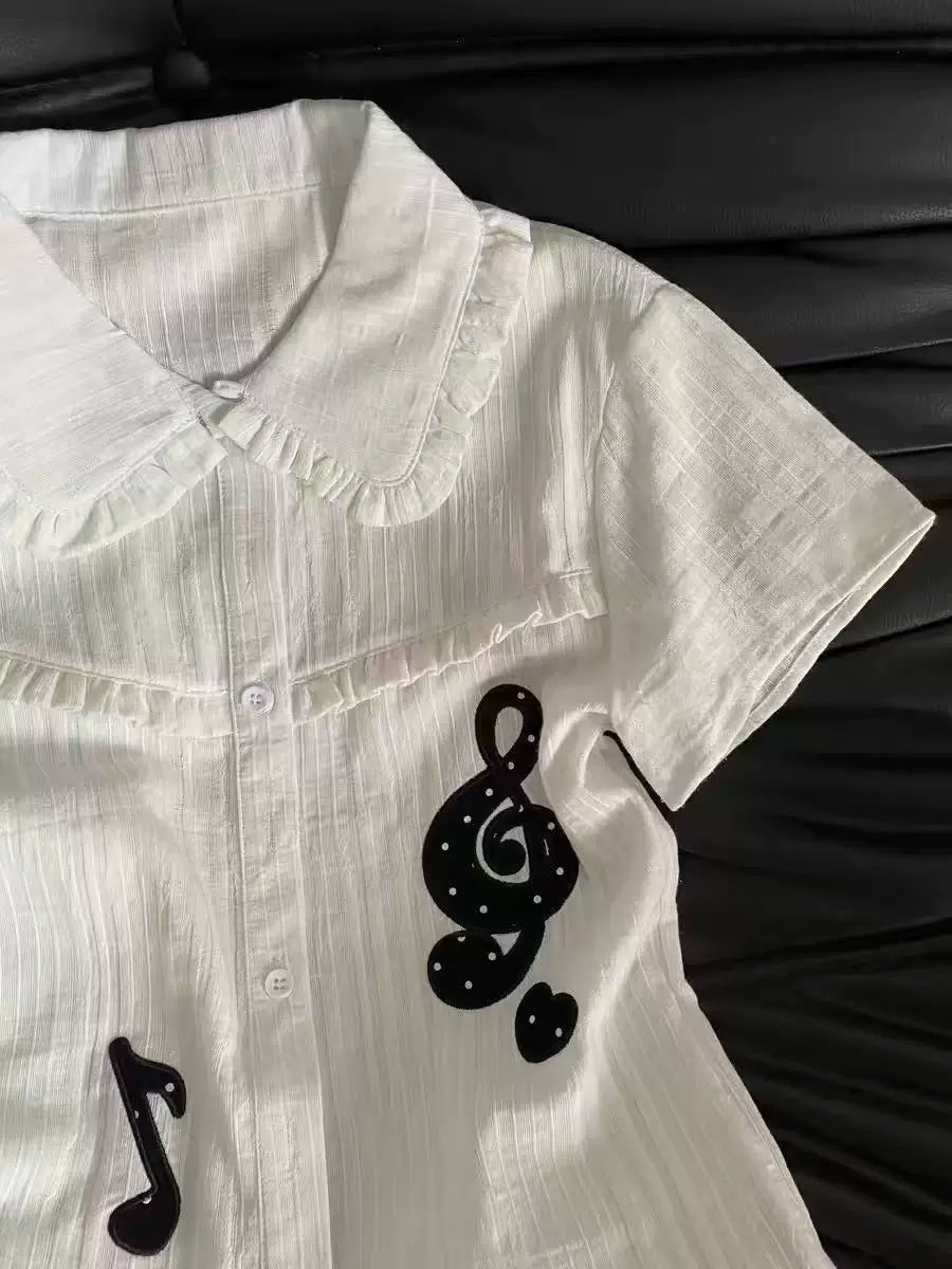 Korean-style Girls’ Note Embroidery White Peter Pan Collar Short-Sleeve Shirt for Women, Summer Light Slim-Fit Blouse