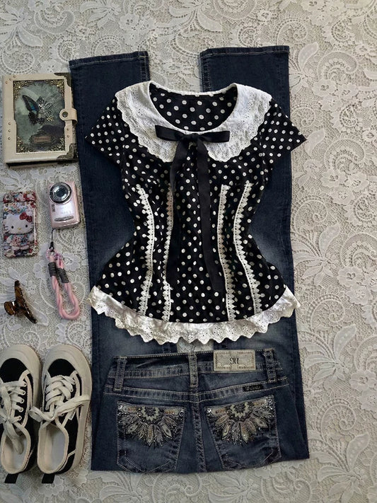 Black Polka Dot Lace Contrast Peter Pan Collar Short-Sleeve Blouse for Women, Summer Cinched-Waist Versatile Top