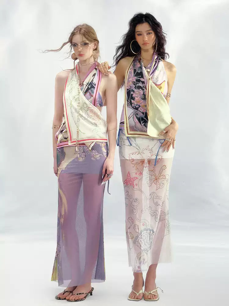 Hand-painted Vintage Satin Square Scarf Tube Top