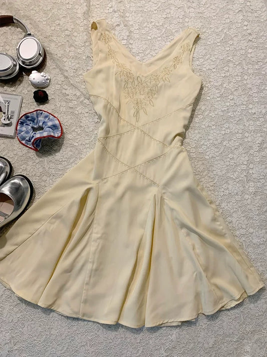 Yellow Embroidered V-Neck Camisole Dress for Women Summer Vintage Thrift-Style Outfit Mini Dress