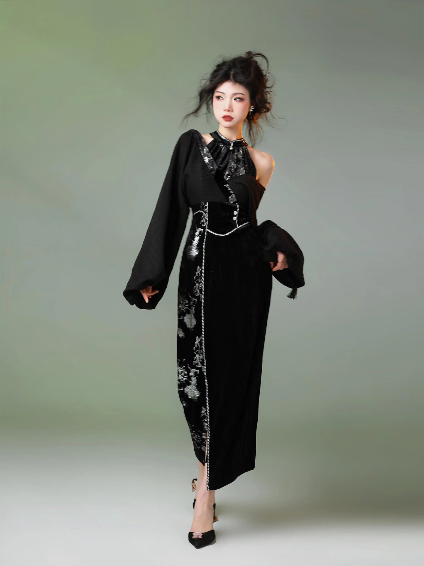 Chinese Style Silver Velvet Cheongsam Dress