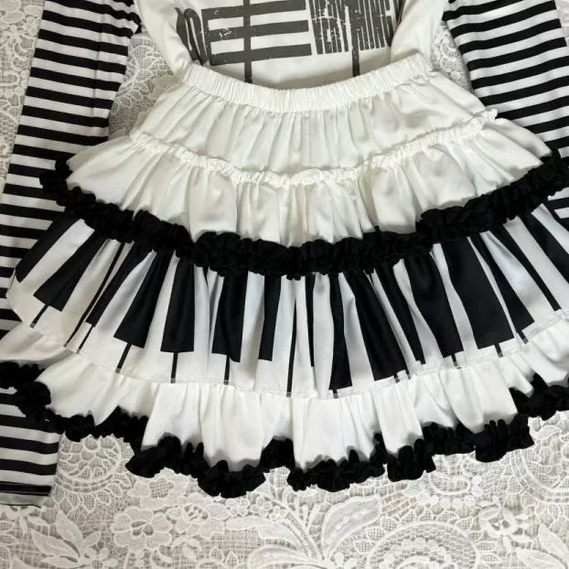 Summer Y2K Vintage-Feeling Note-Embellished Bustier Top Dress Lace T-Shirt for Women Piano Black & White Short Skirt Puff Skirt Two-Piece Set