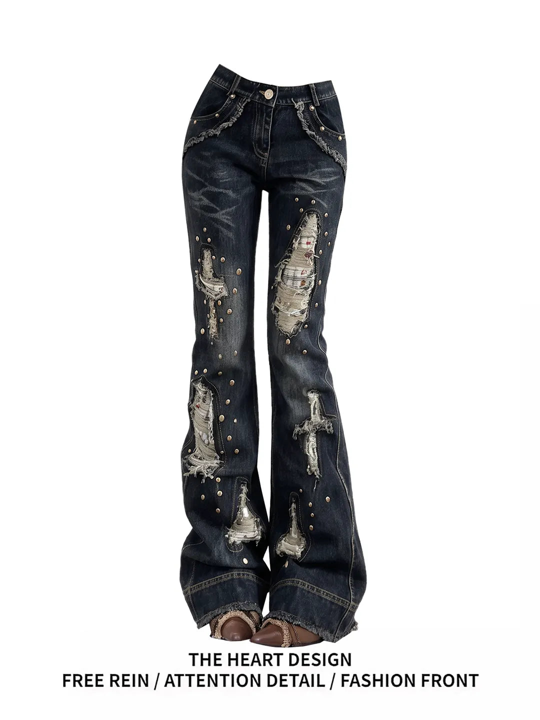 Retro Edgy Distressed Studded Flare Jeans for Women, Fall 2026 New Slimming Vintage-Wash Long Pants