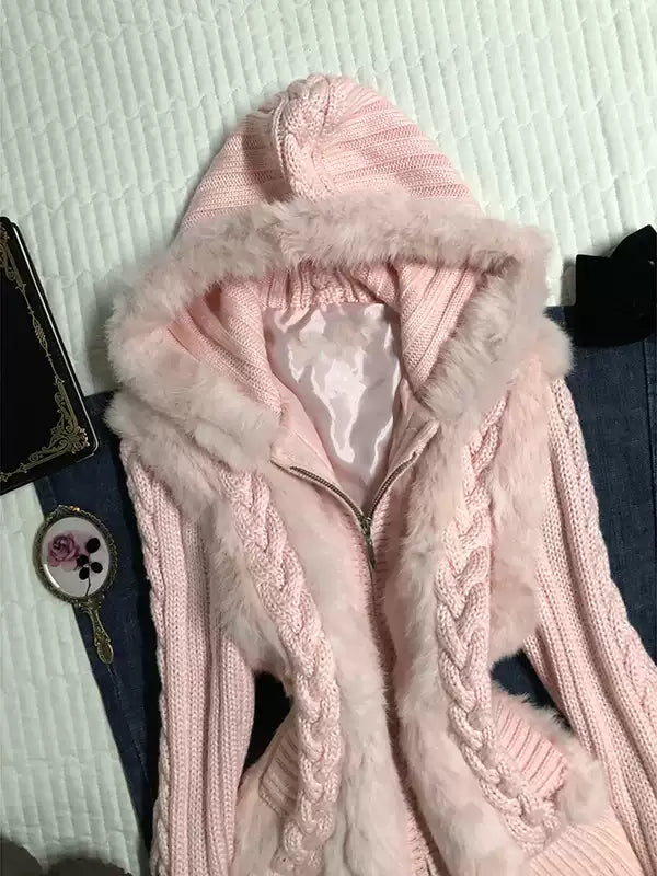pink twist hooded sweater jacket