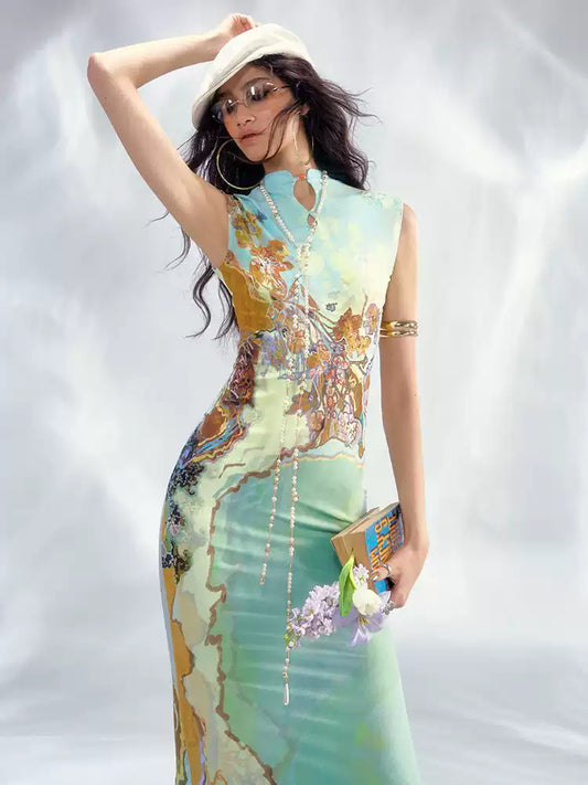 Chinese Print Lake Cheongsam Dress