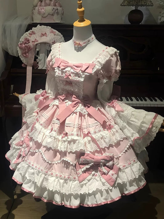 Pink Balletcore Vintage-Inspired Lolita Dress, Elegant &amp; Cute Lace Cap Sleeve Princess Dress