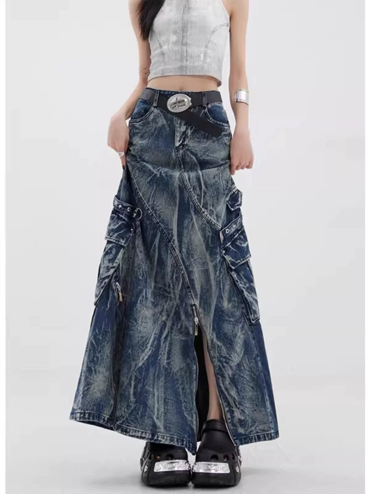 Irregular American Workwear Denim Maxi Skirt for Women, Plus-Size Statement Design, Subculture Y2K High Waist Slimming Skirt