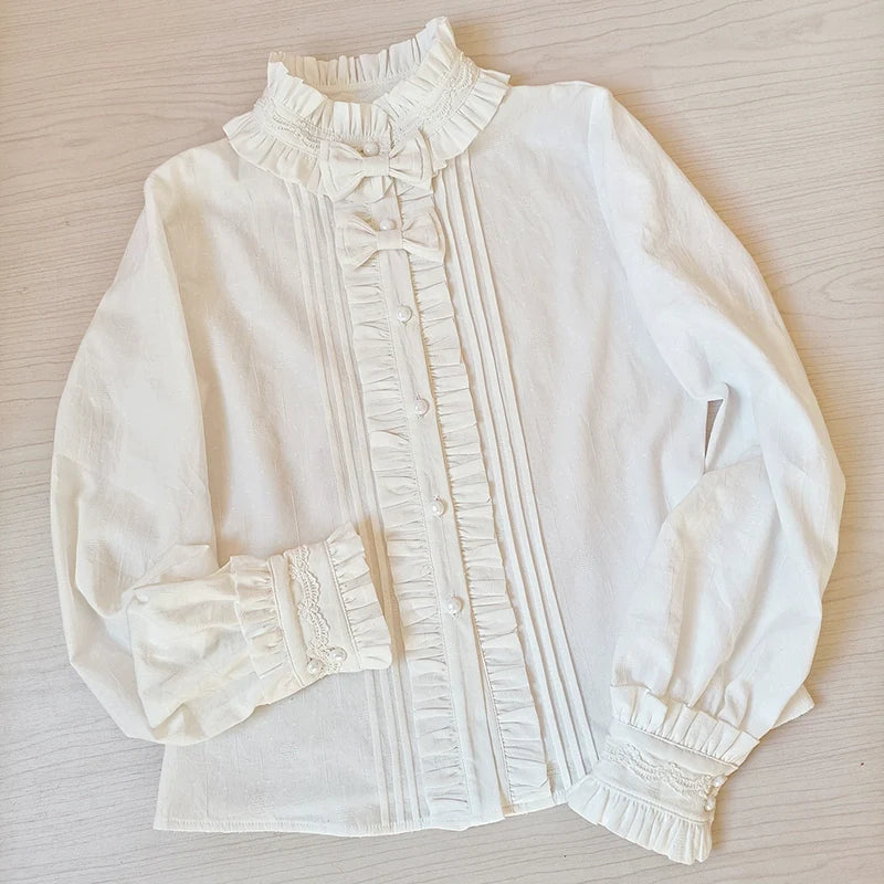 Winter Cotton Lolita Blouse White Long Sleeve Stand Collar Shirt