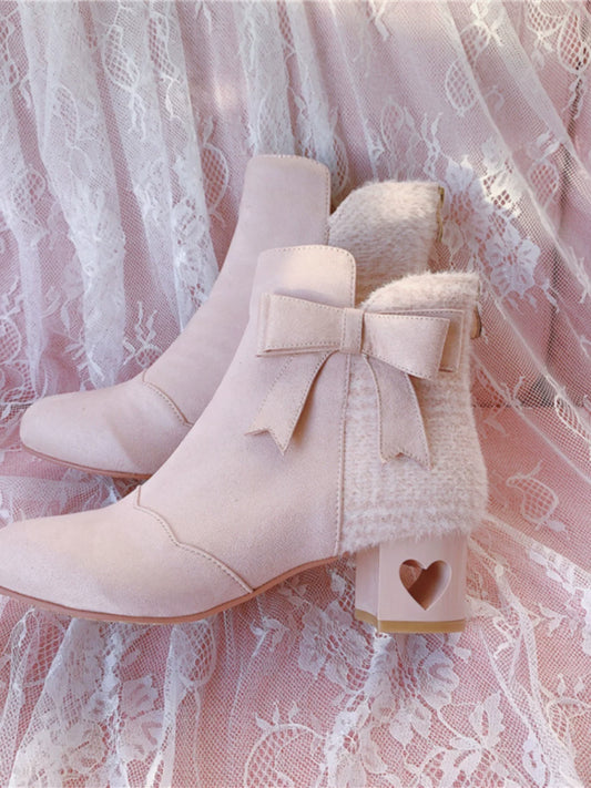 【Evol Day】Original! Warm Winter of Sweetness! Bow-Accented Love Short Boots with Heart Lining 2101