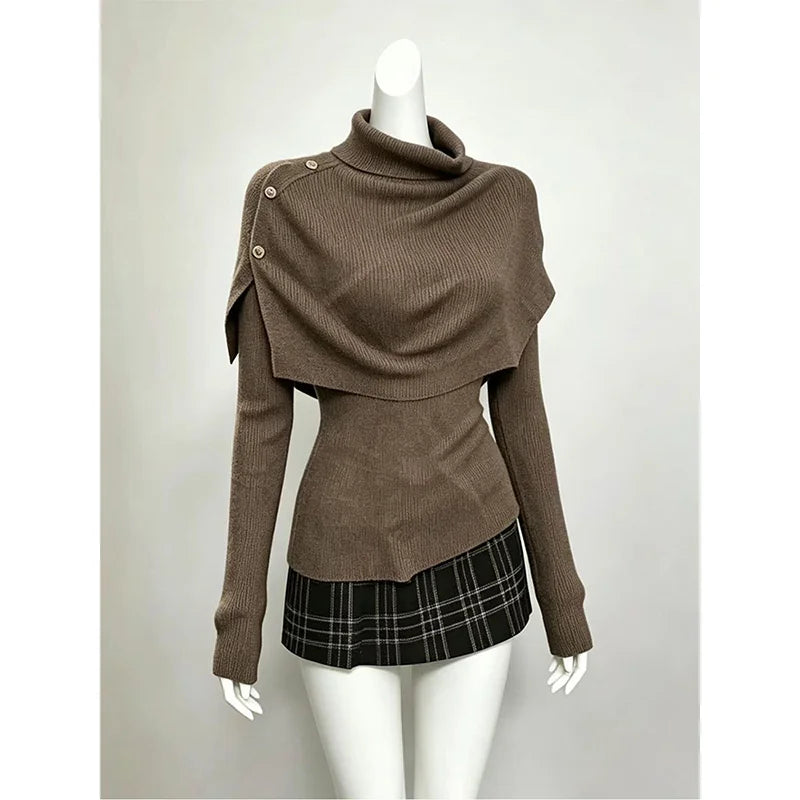 Maillard-Style Turtleneck Knit Top and Plaid Mini Skirt Two-Piece Set for Women, Flattering Slim Fit, Chic Korean-Inspired Autumn/Winter Outfit