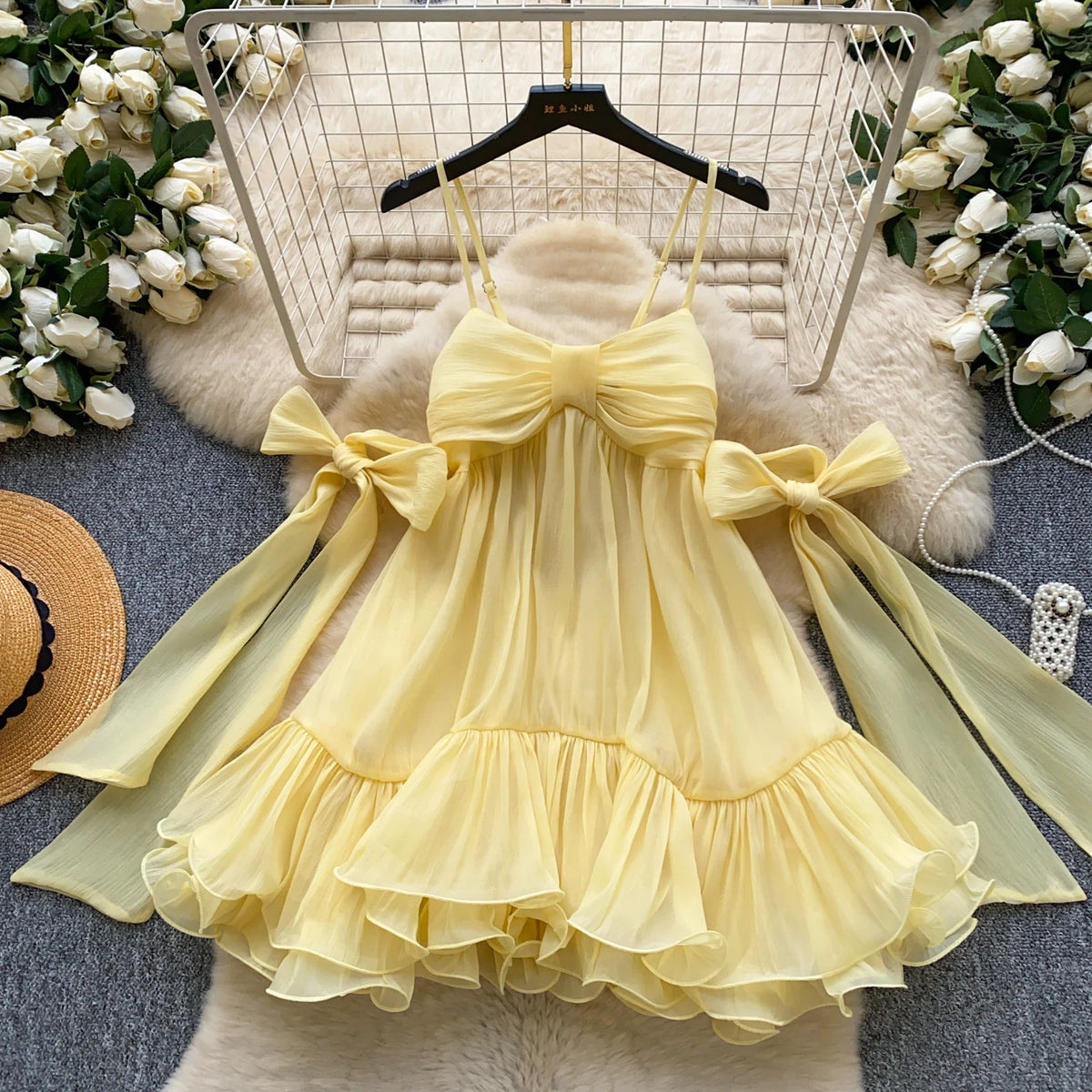 Bow Tie Ruffle Dress | French Girl A-Line Spaghetti Strap Dress for Women