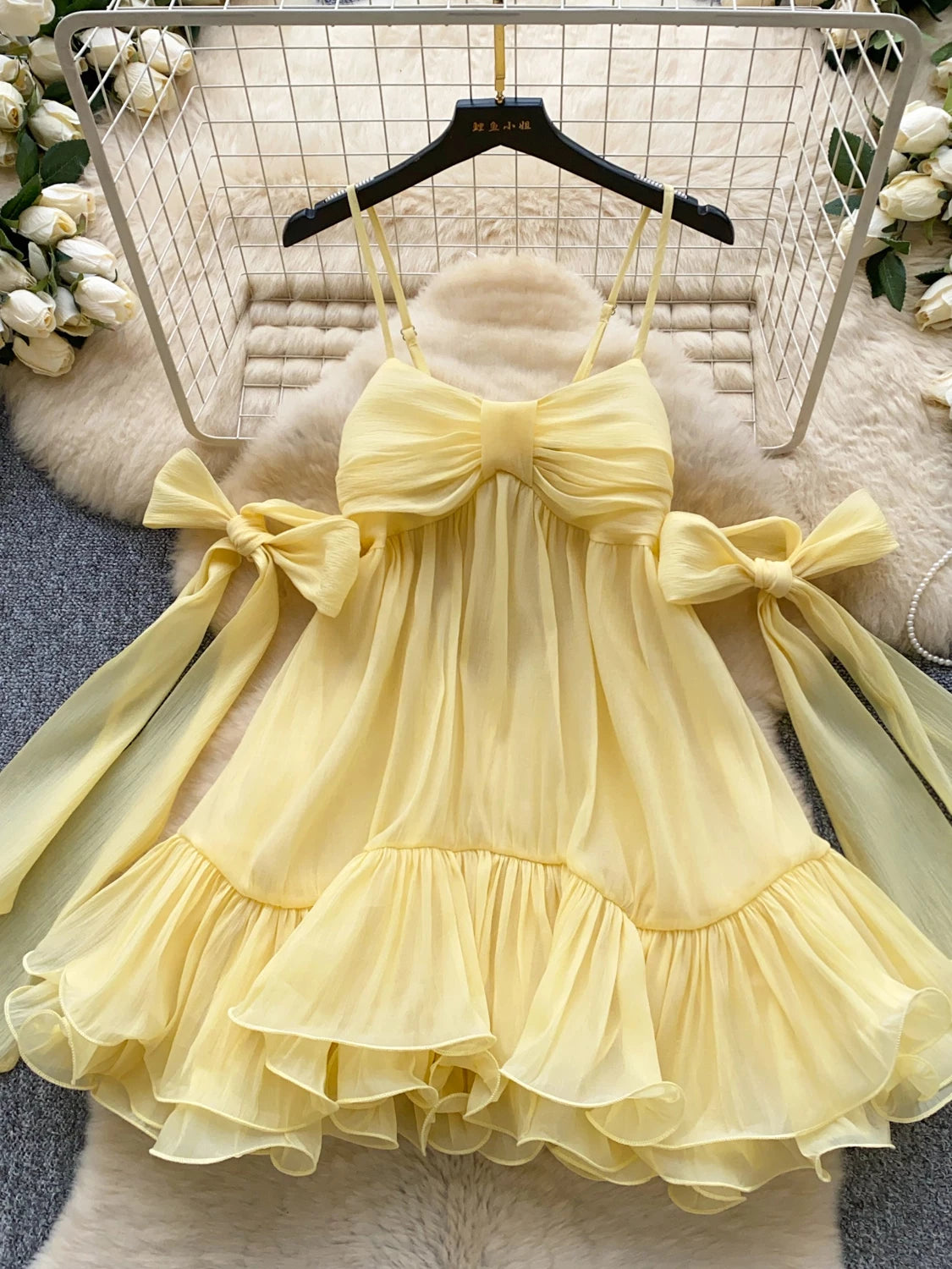 Bow Tie Ruffle Dress | French Girl A-Line Spaghetti Strap Dress for Women