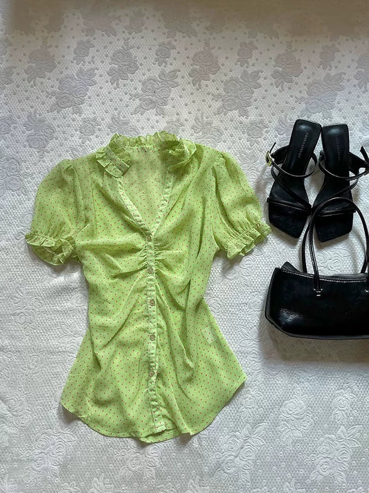 Premium-Feel Green Polka Dot Shirt Summer New Style Chic Slimming Versatile Short Sleeve