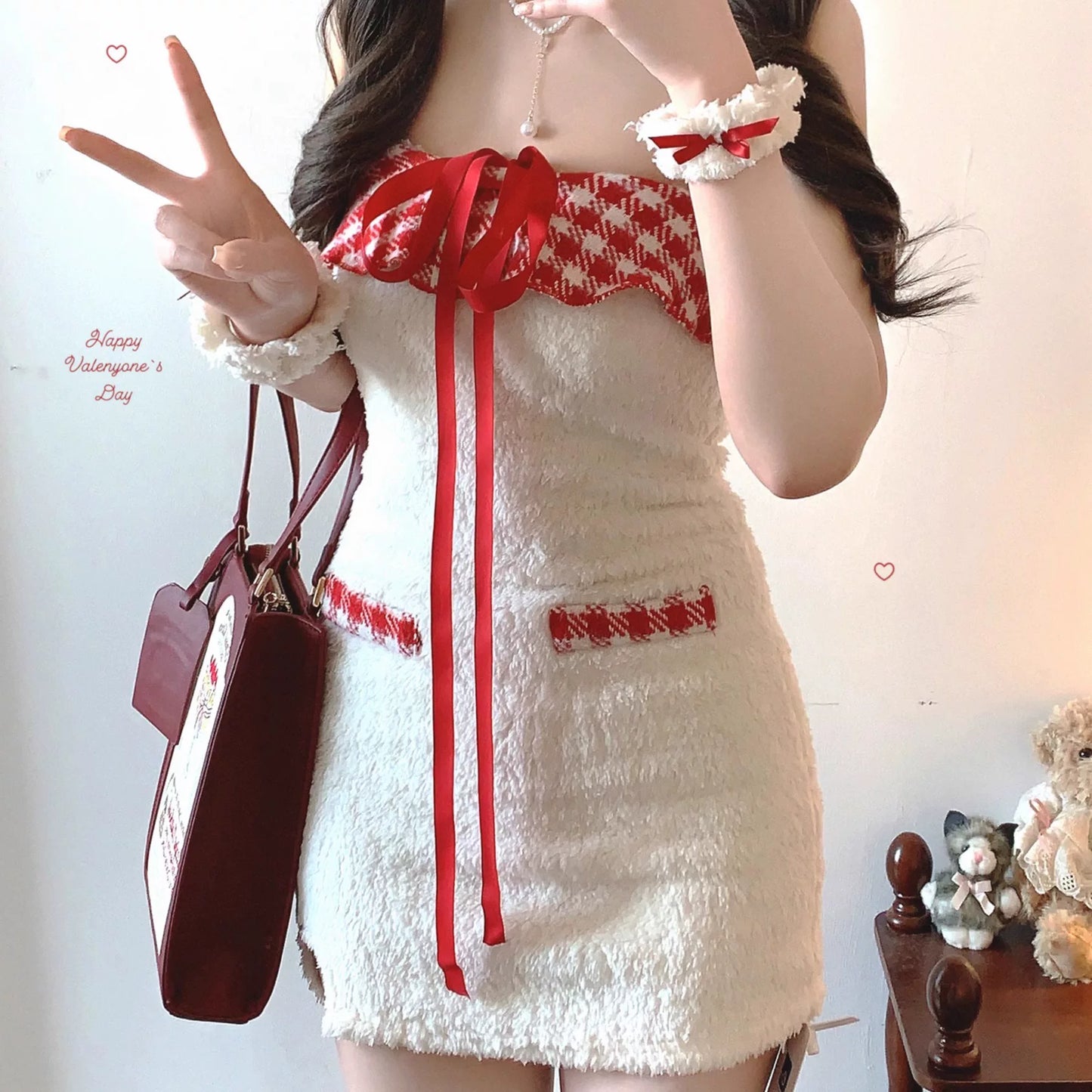 Final-Stock Red-and-White Checkered Tassel-Trim Ribbon Bow Fluffy Pure-Love Fuzzy Tube Dress