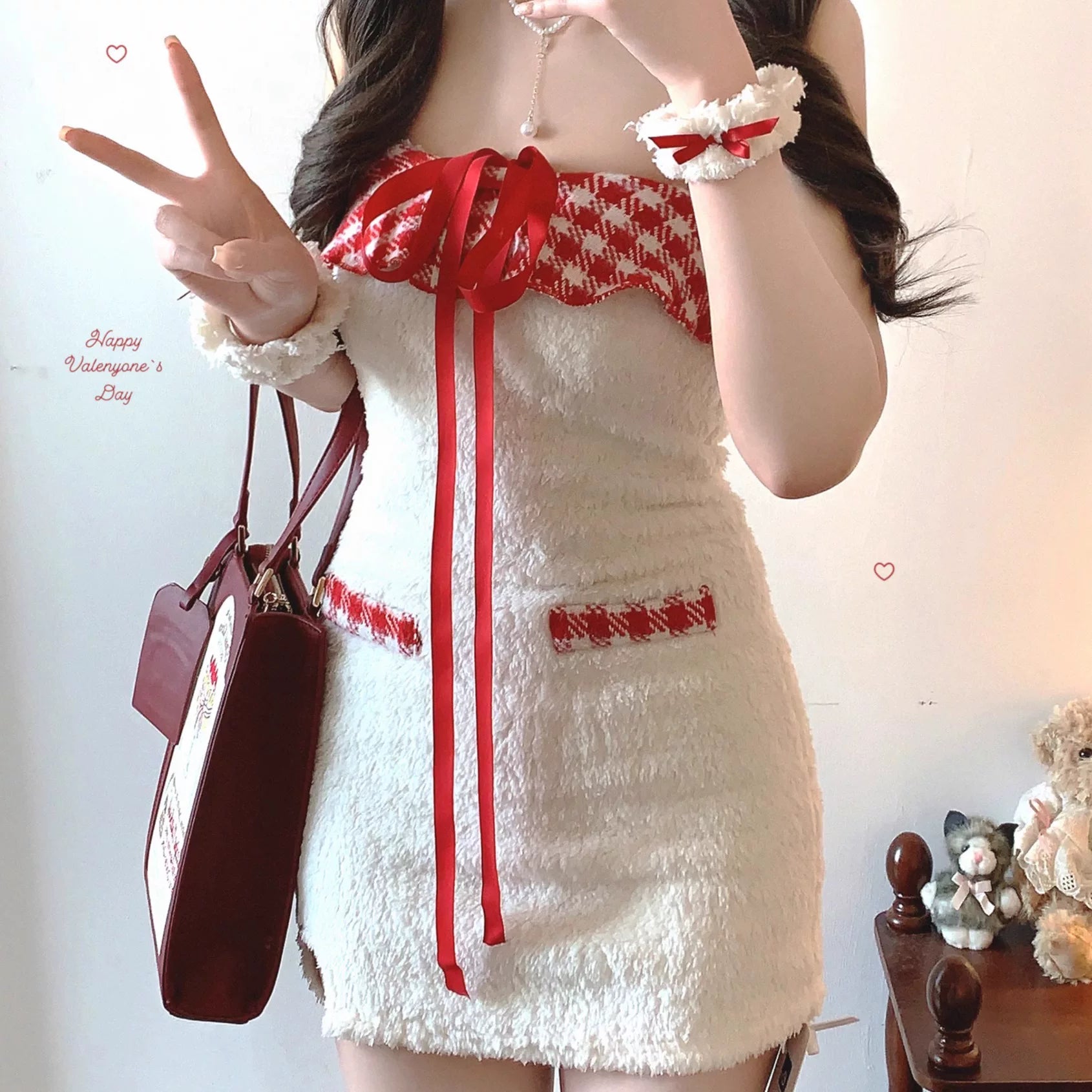 Final-Stock Red-and-White Checkered Tassel-Trim Ribbon Bow Fluffy Pure-Love Fuzzy Tube Dress