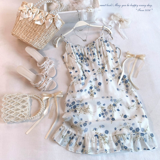 Final-Sale dod* Delicate Powder Blue Floral Vintage French Country Chiffon Slip Dress