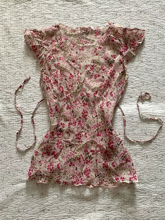 Micro Arts Original French Vintage Floral Blouse—Super Pretty, Cinched Waist for a Slim Look, Elegant Chiffon Shirt for Summer