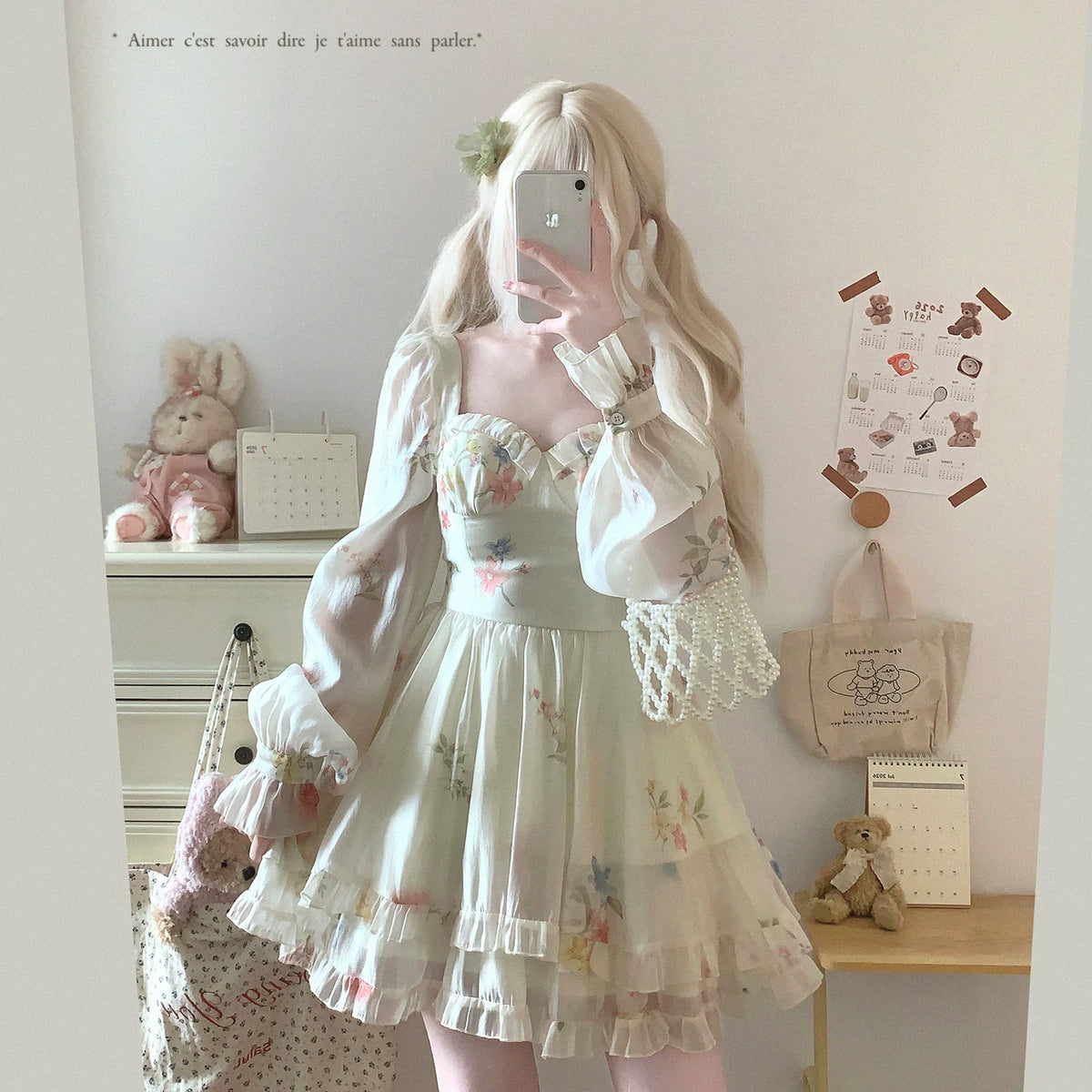 Last-Season Find French Vintage Square-Neck Floral Elegant Long-Sleeve Chiffon Dress