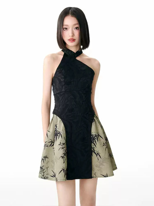 New Chinese Style Bamboo Leaf Cheongsam Dress