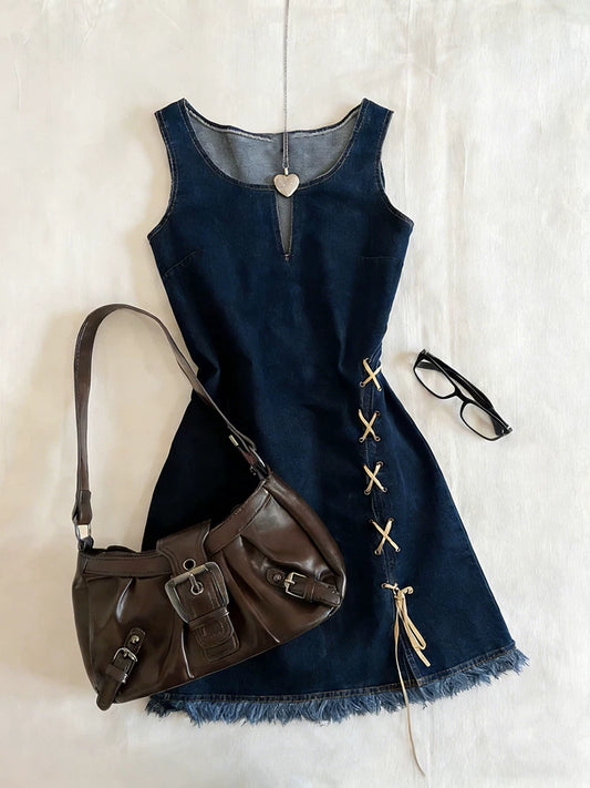 Blue Flattering Slimming Waist A-Line Sleeveless Denim Dress for Women Summer Chic Outfits
