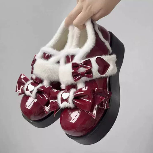 Original Lolita Shoes for Women Winter Fleece-Lined Snow Boots Round Toe Thick Sole Lolita Bow JK Uniform Shoes