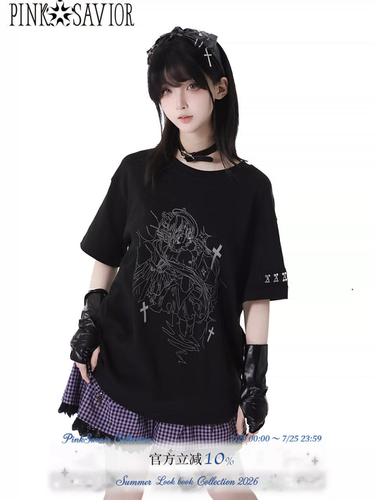 Pinksavior 【Lapis Night Sky】 Summer Reflective Print Flattering Loose Casual Black Short-Sleeve